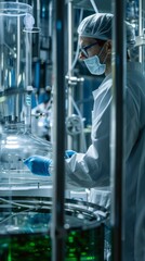 Wall Mural - a laboratory technician in a white coat and protective gear works diligently with equipment, ensurin