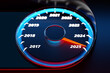 © Виталий Сова - 3D illustration close up black speedometer with cutoffs 2024,2025 . The concept of the new year and Christmas in the automotive field. Counting months, time until the new year.
