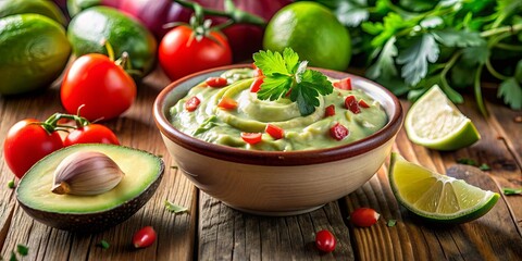 Creamy guacamole dip with fresh avocado, tomatoes, onions, lime juice, and cilantro on a wooden table, avocado, guacamole, dip