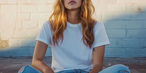 Wall Mural - Young woman sitting casually against a wall wearing a white t-shirt