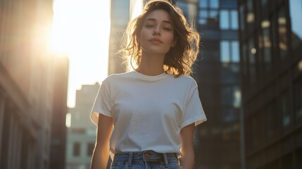 Wall Mural - Beautiful woman in white t-shirt walking among city buildings at sunset