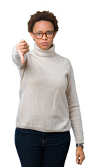 Sticker - Young beautiful african american woman wearing glasses over isolated background looking unhappy and angry showing rejection and negative with thumbs down gesture. Bad expression.