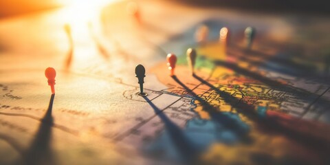 Wall Mural - Macro shot of a travel map with pins and highlighted routes to various destinations, capturing the planning and anticipation of a journey