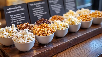 A gourmet popcorn tasting setup, with small bowls of different flavors, including truffle, caramel, and cheddar, placed on a wooden board with tasting notes