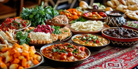 Wall Mural - Close-up of traditional dishes from different cultures displayed on a table, capturing the diversity and richness of global culinary experiences