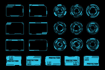 Poster - Neon Blue Cyberpunk Interface Elements Set. Futuristic HUD Design Ui Templates