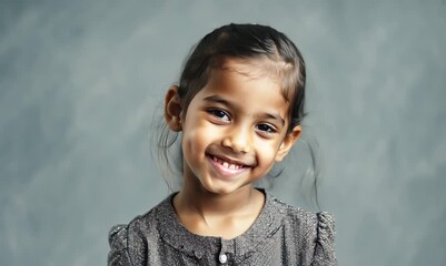 Wall Mural - Portrait of a cute little girl smiling on a gray background.