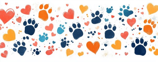 Wall Mural - A vibrant design showcases playful hearts and paw prints in a joyful arrangement