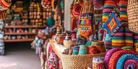 Wall Mural - Detailed view of a local market with colorful crafts and souvenirs, showcasing the vibrant and authentic cultural experiences of travel