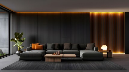 a dark gray lounge sofa with two chaise longue, a wooden table and an accent lamp on the wall,