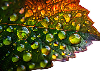 Canvas Print - Water Droplets On A Leaf, Reflecting The Light.