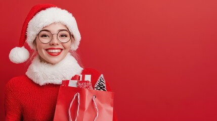 Wall Mural - Festive Female Santa Claus Holding Gift Bow and Stack of Christmas Presents with Cheerful Expression, Generative Ai