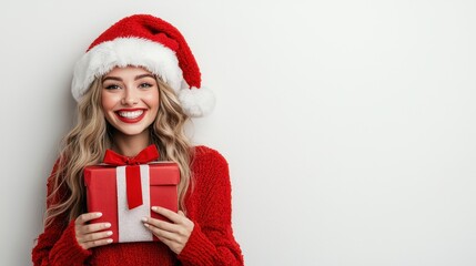 Wall Mural - Joyful Female Santa Claus Smiling with Christmas Stocking and Gift Box, Generative Ai