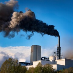 chimney of a factory ejecting dark black smoke, AI generated