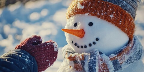 Close-up of a person building a snowman with a carrot nose and scarf, capturing the fun and joy of winter seasonal activities