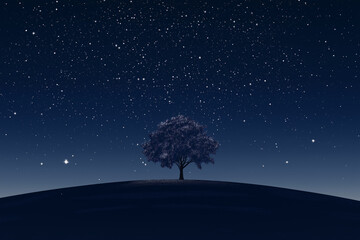 Wall Mural - a minimalist, flat-style illustration of a lone tree in a vast, empty field under a starry night sky