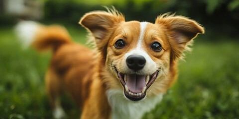 Close-up of a dog wagging its tail excitedly, capturing the joyful and expressive behavior of domestic pets