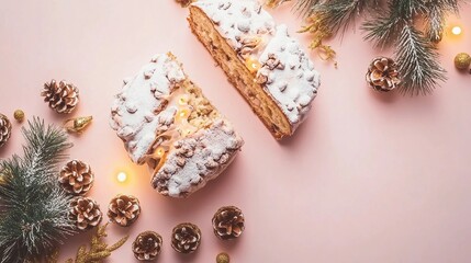 Wall Mural - Festive Christmas Stollen Cake with Holiday Decor and Dried Oranges on Wooden Table Copy Space