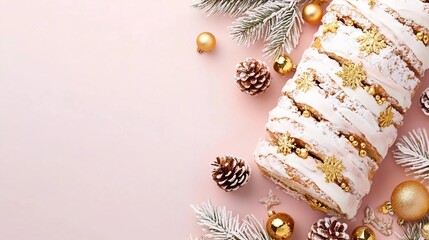 Wall Mural - Festive Christmas Stollen Cake with Decorative Tree Branches and Dried Orange Slices on Wooden Table with Copy Space