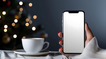 a female hands holding a phone with white screen in a hotel and coffee on table in blur