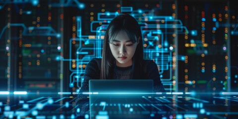 laptop, network and data center with woman support engineer working in a dark server room on a futur