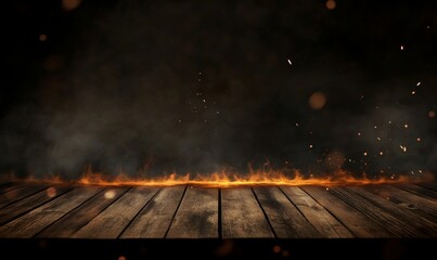 Sizzling Summer's End: Fiery Wooden Table with Sparks and Smoke. Dramatic Dark Background for Grilling Season, BBQ Events, and Autumn Arrival. Perfect for Food Marketing, Hot Deals, UI Design, and 4K 