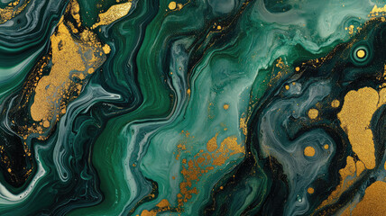 Wall Mural - marble ink abstract art green and gold background, detailed high resolution image