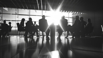 Silhouetted business meeting in sunlit conference room