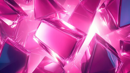 Wall Mural - illustration of transparent shiny pink colored glass geometric shapes with glowing surface forming abstract background, detailed and intricate image