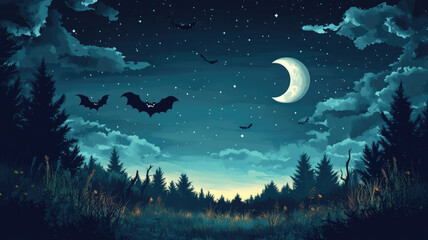 Wall Mural - spooky halloween night sky with moon and bat by, high definition photo