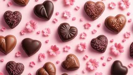Wall Mural - valentine day for sale banner background with a collection of chocolate and pink flower sprinkles, d