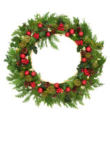 Wall Mural - Christmas red bauble wreath decoration, red holly berries, ivy, mistletoe, fir on white background. Festive traditional design for Noel Yule Xmas holiday season.