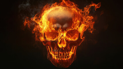 Wall Mural - fiery human skull on black background. illustration of skull in fire, high definition photo