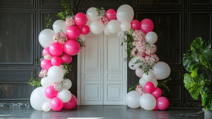 Wall Mural - balloon archway door pink and white, arches wedding, balloon festival design decoration elements with arch floral design on wedding, party location. babyshower,birthday, detailed and realistic image
