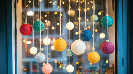 Wall Mural - studio window decorated with balls colorful holiday, high definition image