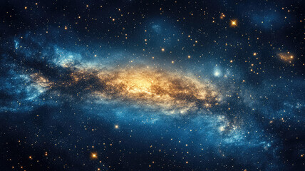 the vast night sky is filled with twinkling stars and swirling galaxies, creating a stunningly beautiful and mysterious blue and gold background