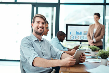 Leinwandbilder - Creative, businessman and portrait in office with tablet by website design company for brand identity. Male employee, screen and statistics in workplace for user analytics, interaction or performance