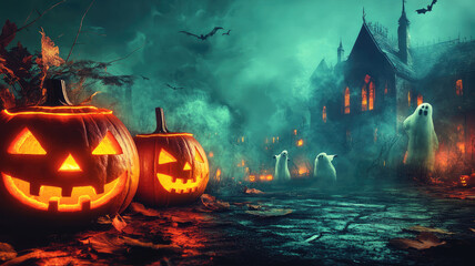 happy halloween background spooky scene, creepy dark night with jack o lantern pumpkins spooky ghosts horror gothic evil mysterious night haunted haloween house backdrop, detailed and realistic image