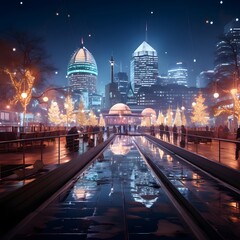 Wall Mural - Shanghai skyline at night with snowflakes, China.