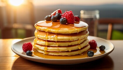 A close-up of a stack of fluffy pancakes topped with butter, berries, and a generous drizzle of maple syrup, with a soft morning light