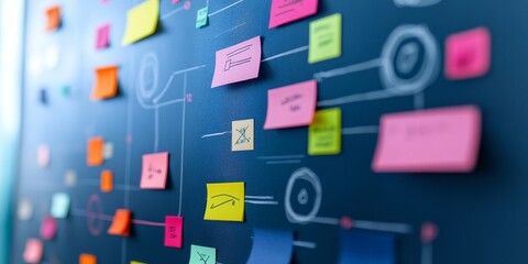 Wall Mural - Close-up of a marketing strategy board with flowcharts, graphs, and post-it notes, illustrating the planning and organization of effective marketing strategies