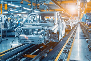 Wall Mural - Automotive Engineer Inspecting Car Panels on Modern Assembly Line in Bright Factory Setting