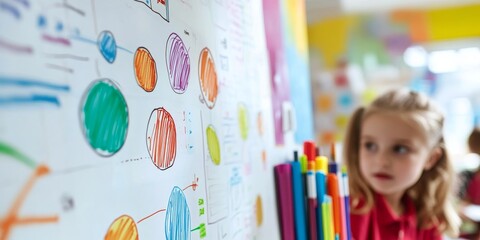 Aufkleber - Detailed view of a whiteboard with colorful markers and educational charts, showcasing the interactive and visual elements of classroom teaching