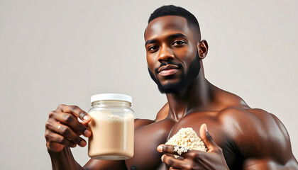 Wall Mural - Portrait, protein powder and black man in studio with fitness, bodybuilder and diet on white background. Energy, supplement or athlete pointing to container for exercise, health or muscle growth iso