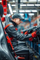 Wall Mural - Industrial Engineer Installing Car Seats in a High-Tech Factory Assembly Line for Automotive Manufacturing