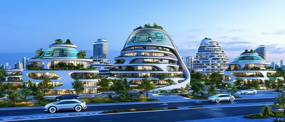 Futuristic cityscape with innovative architecture, green spaces, and eco-friendly vehicles, showcasing modern urban living.