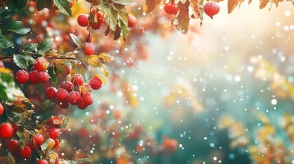 Autumn's Embrace: A picturesque scene of a tree laden with red berries, bathed in the soft glow of the setting sun.  The air is filled with a gentle snowfall, creating a tranquil and magical ambiance.