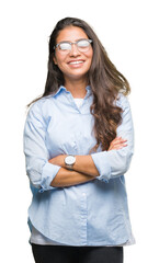 Poster - Young beautiful arab woman wearing glasses over isolated background happy face smiling with crossed arms looking at the camera. Positive person.