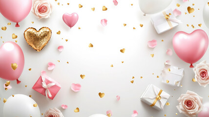 Wall Mural - background for wedding, valentine's day and birthday. realistic design element, white and pink balloons, heart-shaped gift boxes, rose petals. golden confetti