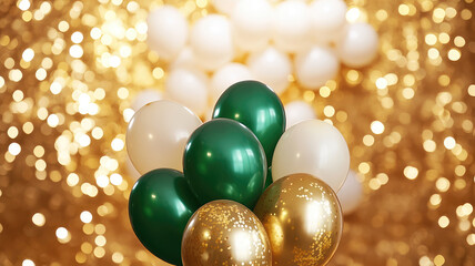 Wall Mural - a bunch of green and gold balloons in front of a gold and white blurry background with a boke of whi